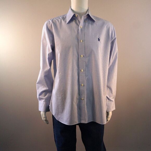 Polo Ralph Lauren Men Dress Shirt Sz 16 Custom Fit Button Up Blue White Check LS - Picture 6 of 11
